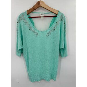 Daytrip Women's Embellished Dolman Short Sleeve Aqua Green Relaxed Top Large